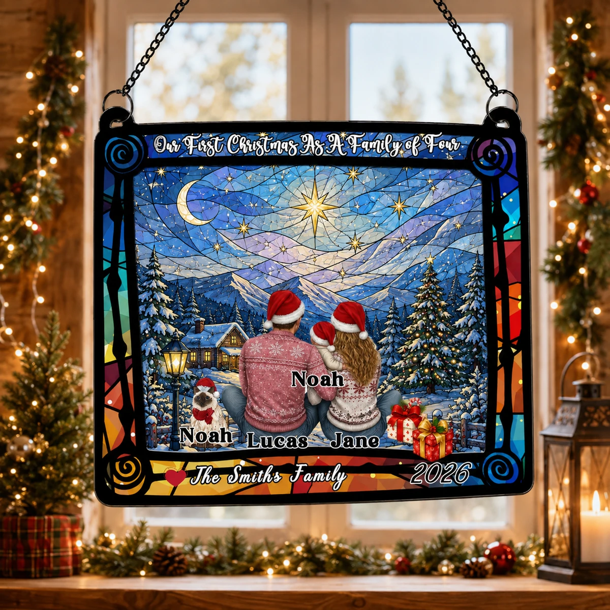 First Christmas Family Winter Stained Glass Suncatcher, First Christmas As A Family Of Three New Parents, Christmas Picture Suncatcher