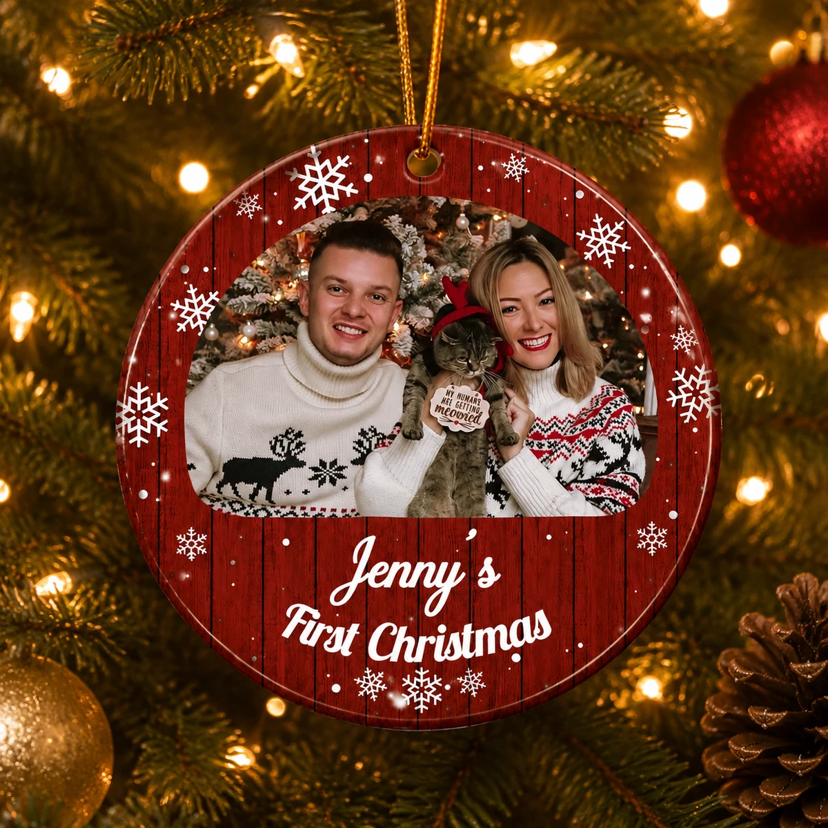 Personalized Ceramic Christmas Ornament Round Shape Custom Photo Name First Christmas Snowflake Christmas Gift