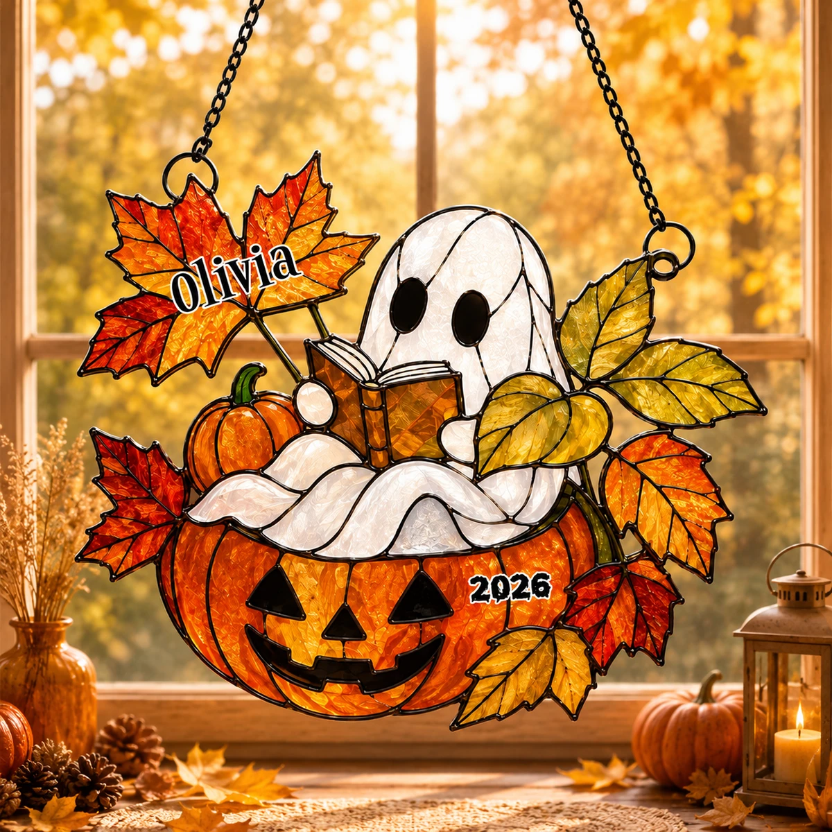 Custom Ghost Reading Book Acrylic Suncatcher Halloween Gift, Cheerleader Boo Custom Name Stained Suncatcher