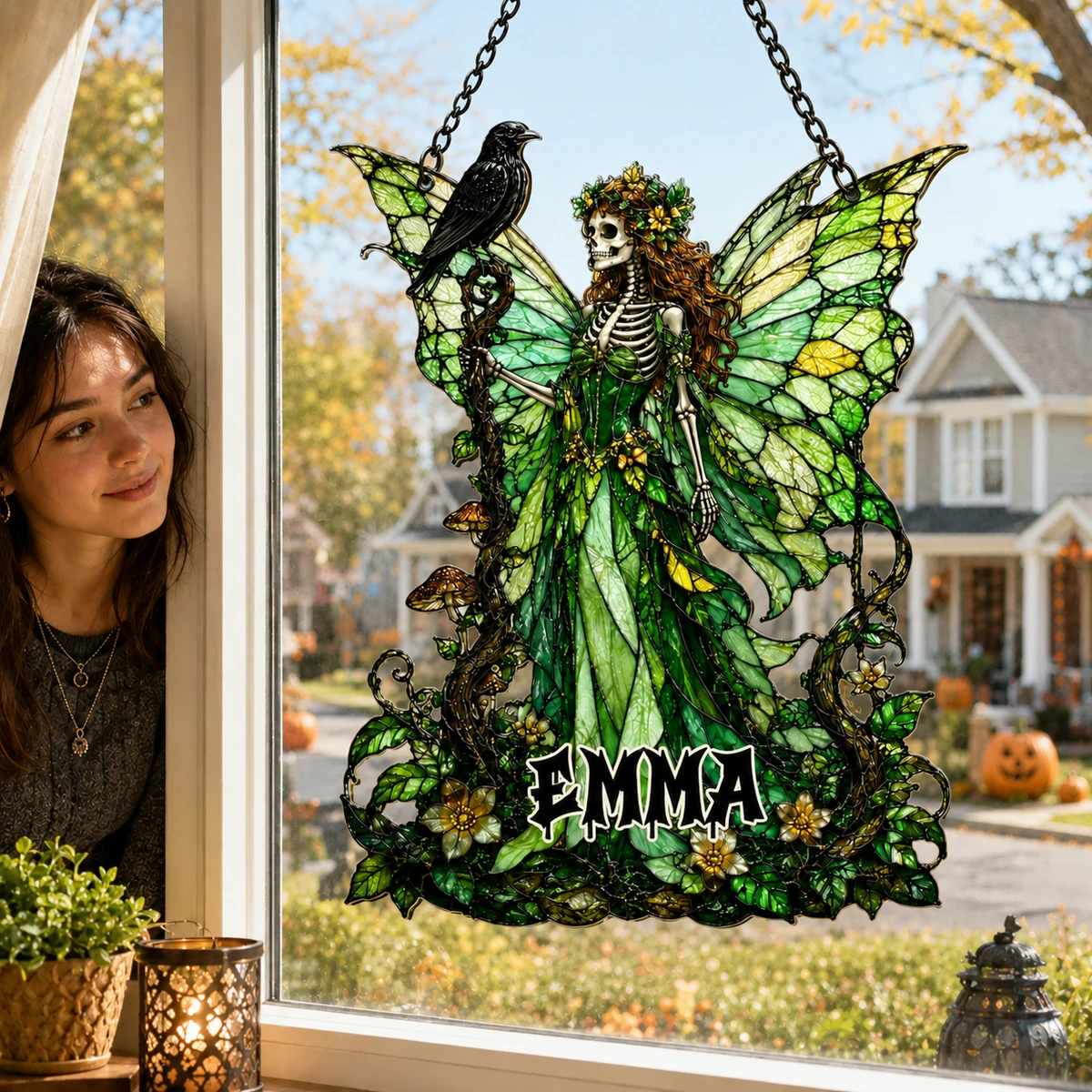Gothic Forest Skeleton Fairy Acrylic Suncatcher, Green Raven Witch Faux Stained Glass Window Hanging, Gift For Her