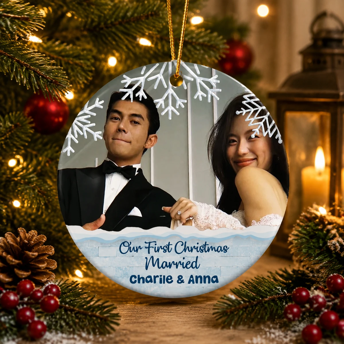 Personalized Ceramic Christmas Ornament Round Shape Custom Photo Name First Christmas Married Snowflake Christmas Gift