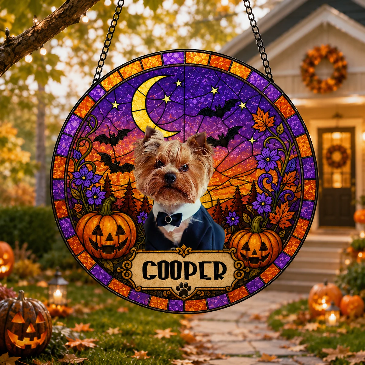 Stained Glass Suncatcher Personalized Halloween Dog Window Hanging, Custom Photo For Pet Glass Suncatcher, Personalized Pet Name