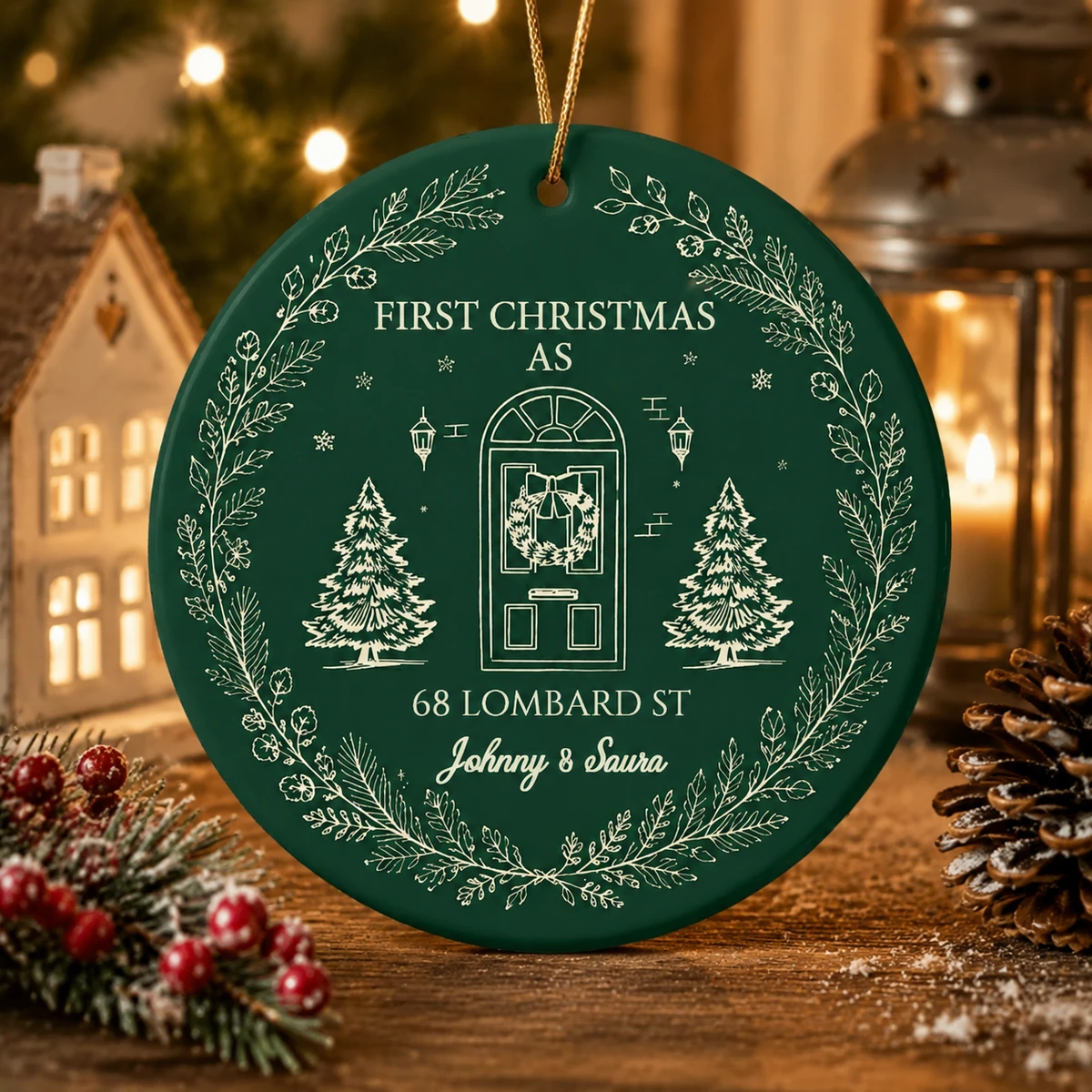 Personalized Ceramic Christmas Ornament Round Shape Custom Name First Christmas Home Wreath Door Design Christmas Gift