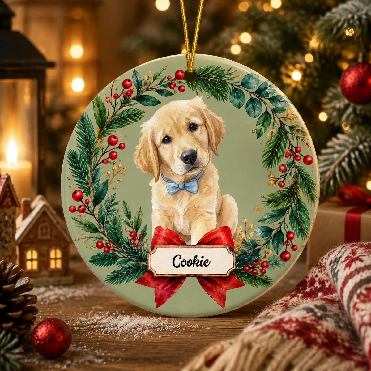 Personalized Ceramic Christmas Ornament Round Shape Custom Photo Name Christmas Wreath Red Bow Christmas Gift