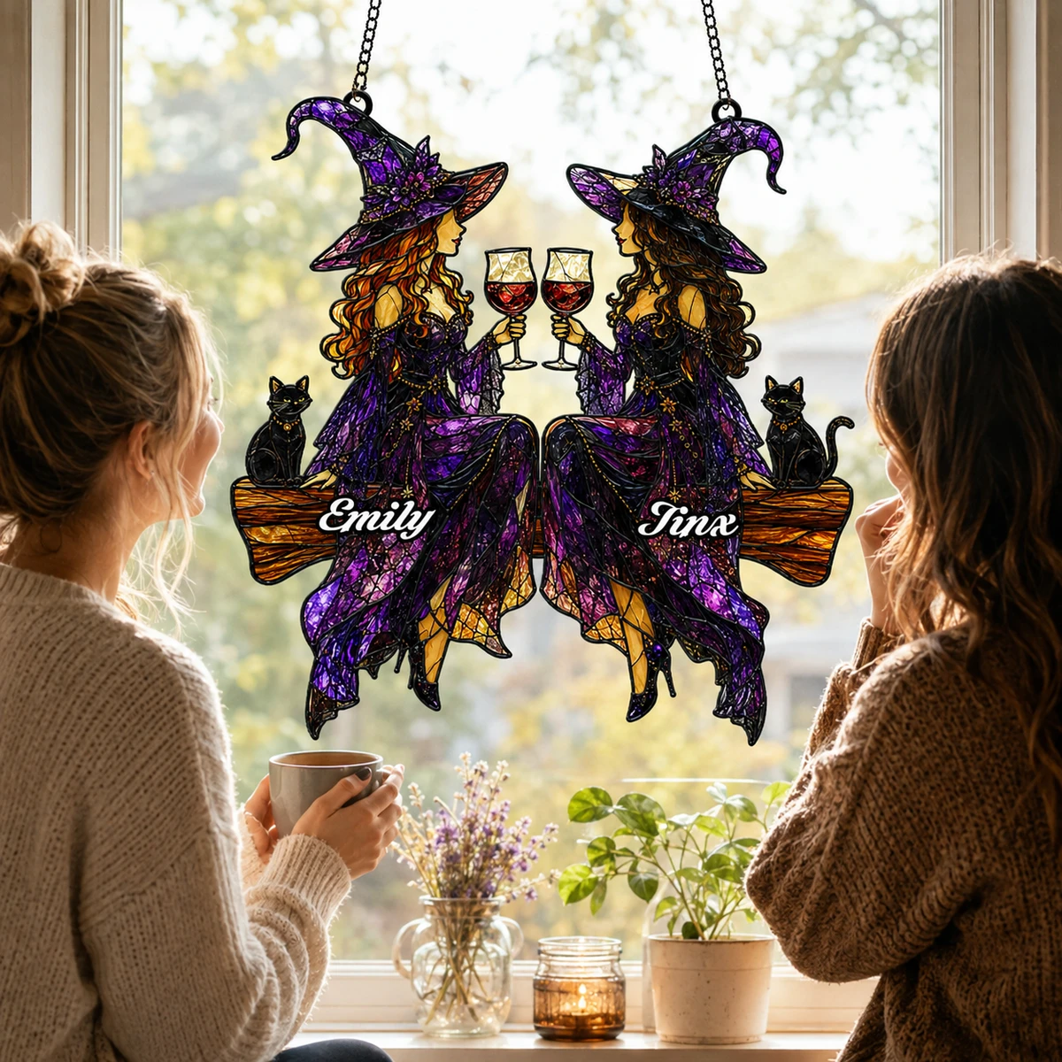 Personalized Witch Sisters Stained Glass Window Hanging, Gift For Hers Suncatcher