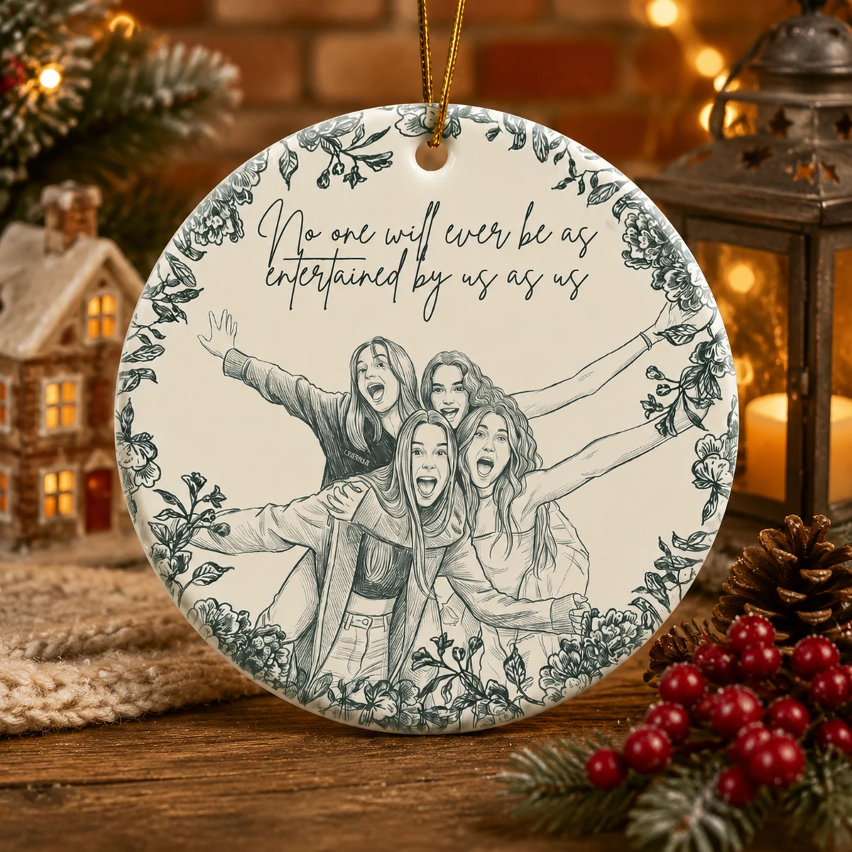Personalized Ceramic Christmas Ornament Round Shape Custom Photo Best Friends Sketch Floral Frame Christmas Gift