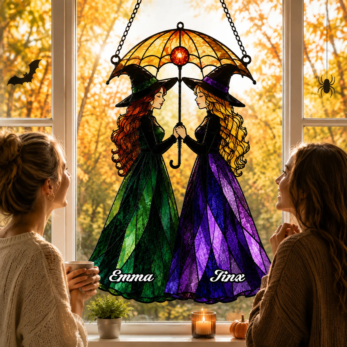 Witches Besties Faux Stained Glass Suncatcher, Witchy Umbrella Window Decor