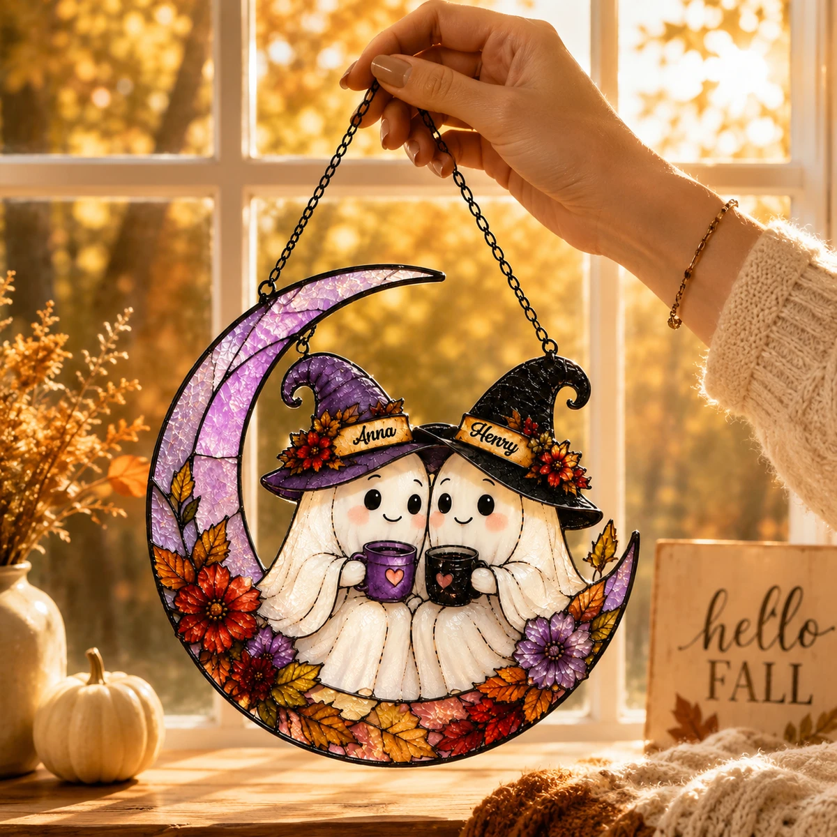Personalized Halloween Ghost Suncatcher, Custom Couple Name Stained Glass Window Hanging