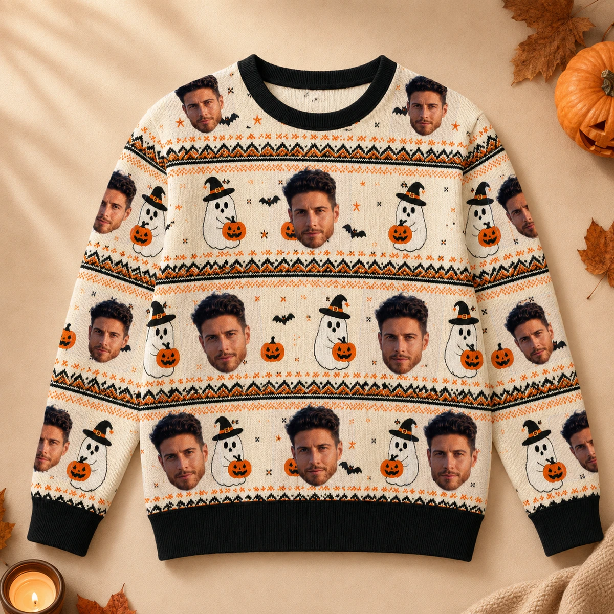 Snowman Ghost Bat Sweatshirt - Custom Face Halloween Ugly Sweatshirt
