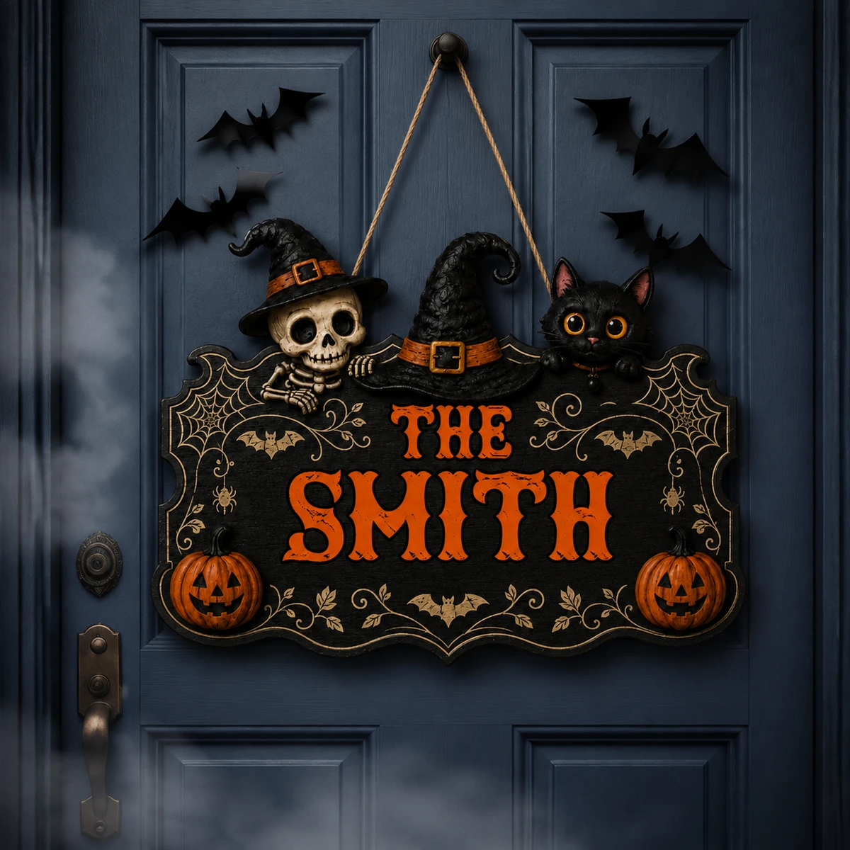 Halloween Family Door Sign Custom Name, Witch Hat Skull Cat Hanging Decoration, Rustic Black Wood Welcome Sign, Front Door Porch Wall Decor For Halloween Lovers