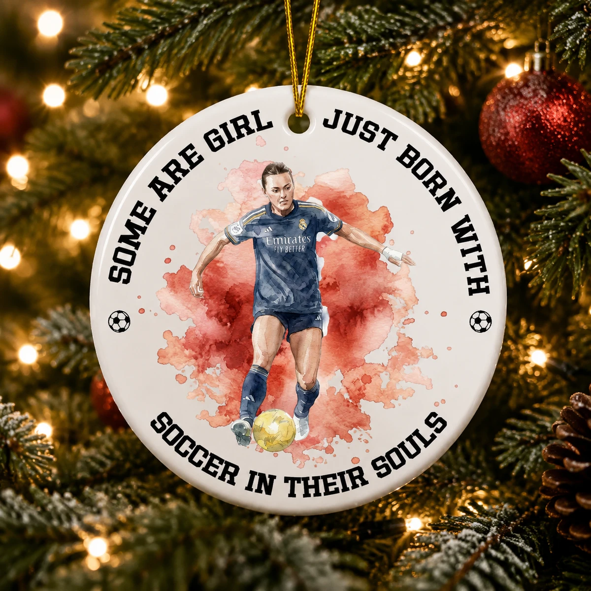 Personalized Ceramic Christmas Ornament Round Shape Custom Photo Soccer Player Sports Watercolor Christmas Gift