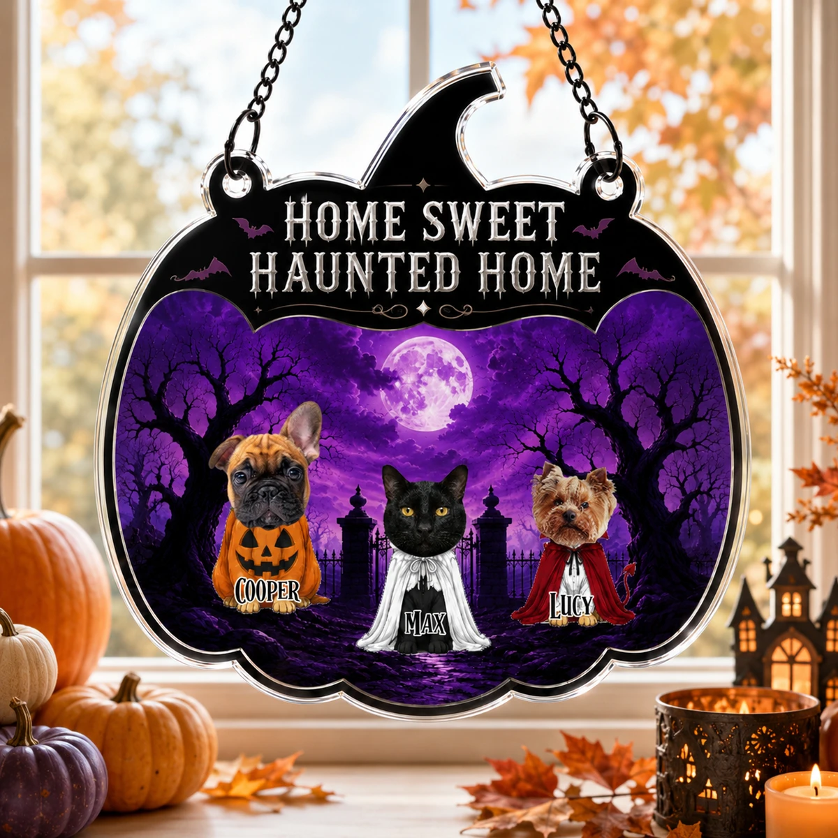 Halloween "Home Sweet Haunted Home" Pet Suncatcher, Gift For Dog/Cat Lovers, Personalized Window Hanging Suncatcher Ornament