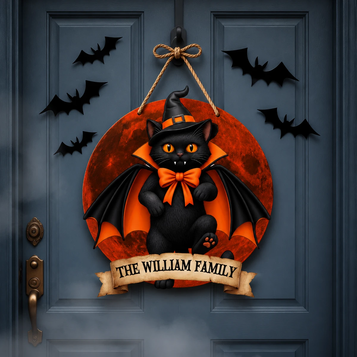 Personalized Black Cat Halloween Door Hanger, Custom Family Name Sign With Witch Cat, Bat Wings & Blood Moon Design, Cute Spooky Halloween Front Door Decor