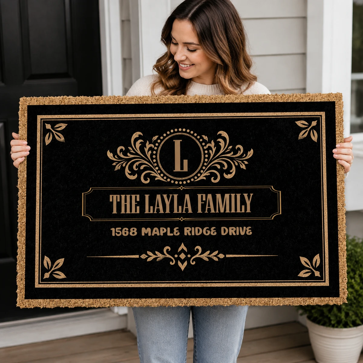 Family Monogram With Address Vintage Decor - Personalized Coconut Doormat