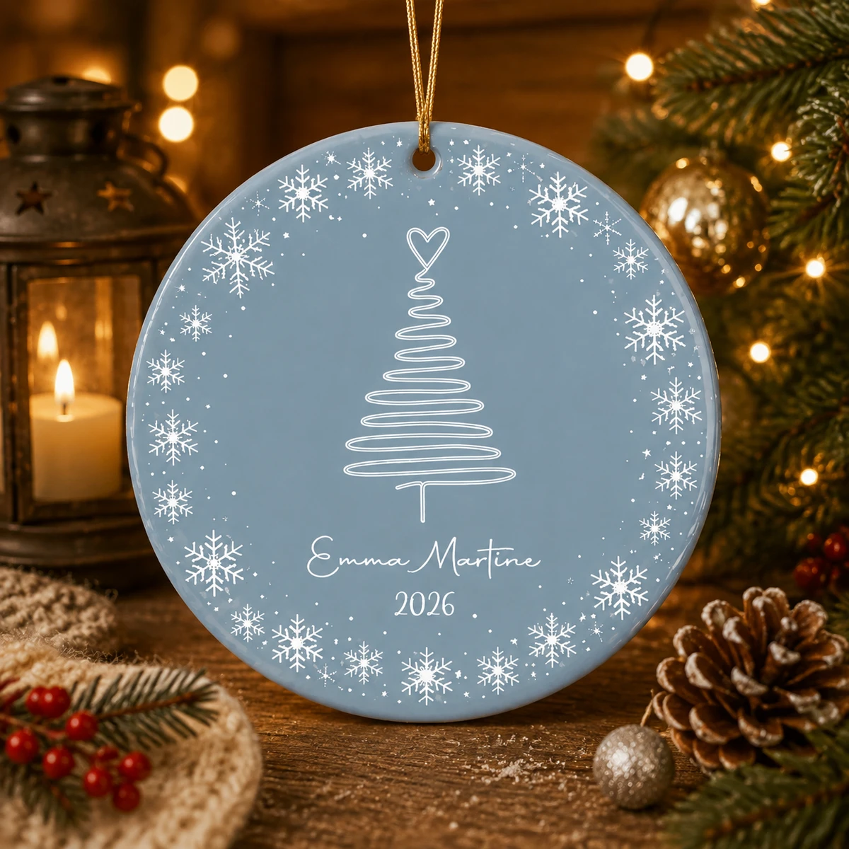 Personalized Ceramic Christmas Ornament Round Shape Custom Name Minimalist Christmas Tree Snowflake Christmas Gift