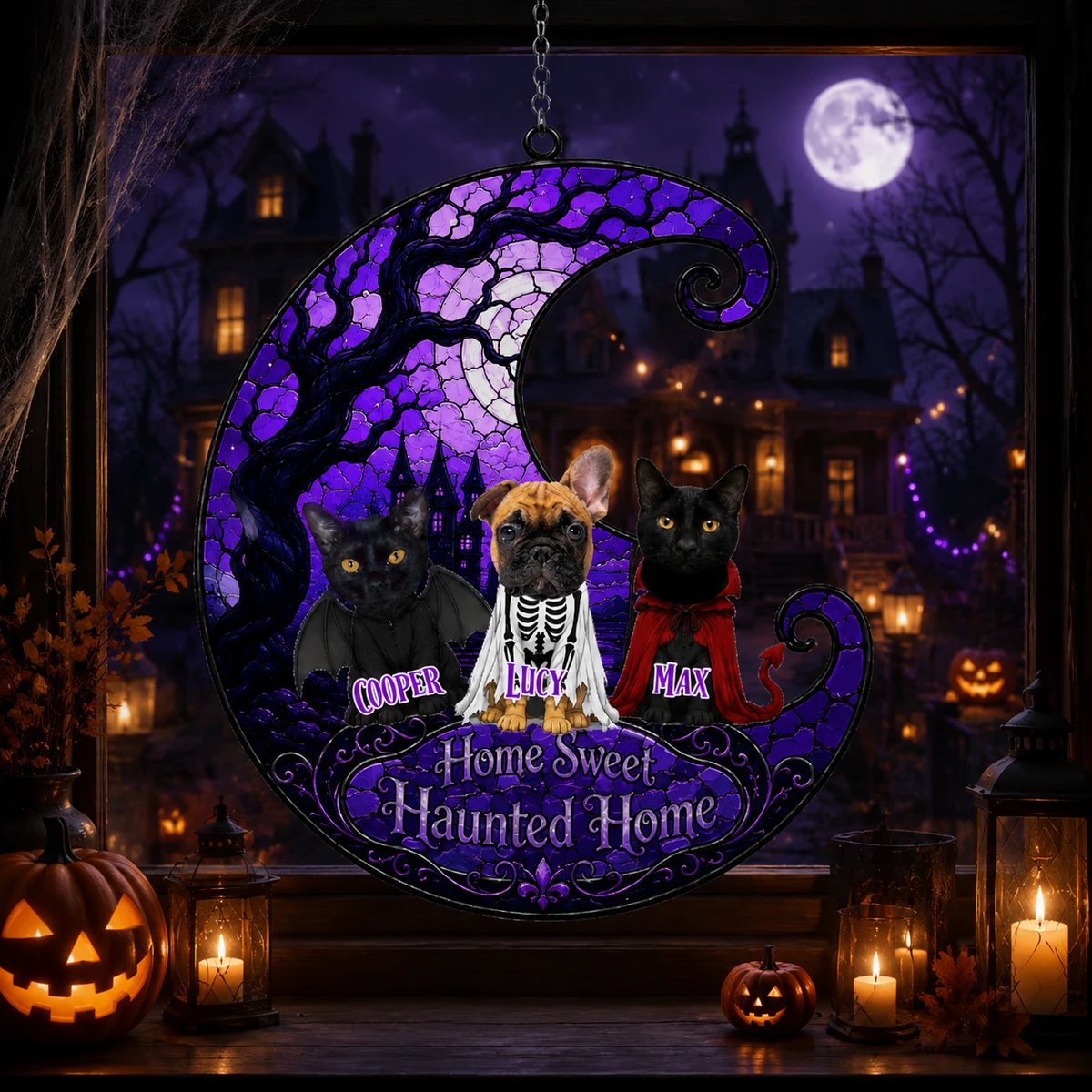Halloween Crescent Moon "Home Sweet Haunted Home" Pet Suncatcher, Gift For Dog/Cat Lovers