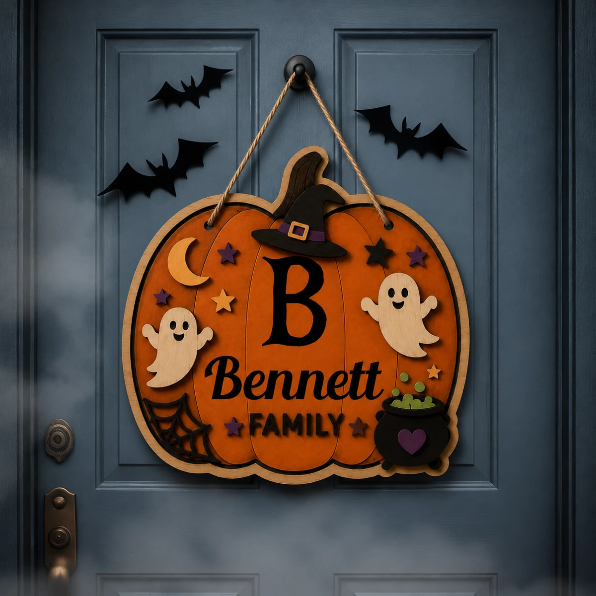 Custom Halloween Door Sign Personalized Family Name, Pumpkin Shape Ghost Witch Hat Welcome Plaque, Cute Spooky Front Door Decor, Halloween Gift For Home & Loved Ones