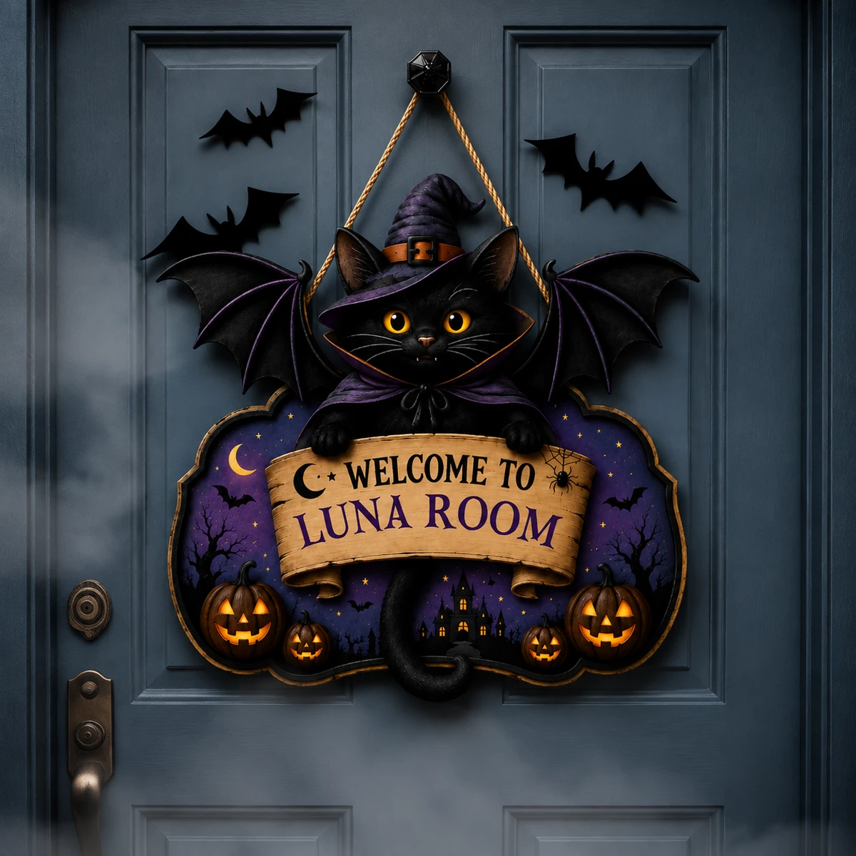 Halloween Cat Door Sign Custom Text, Witch Hat Black Cat Bat Decoration With Purple Night Scene, Spooky Wall Hanging Decor For Door, Room & Home