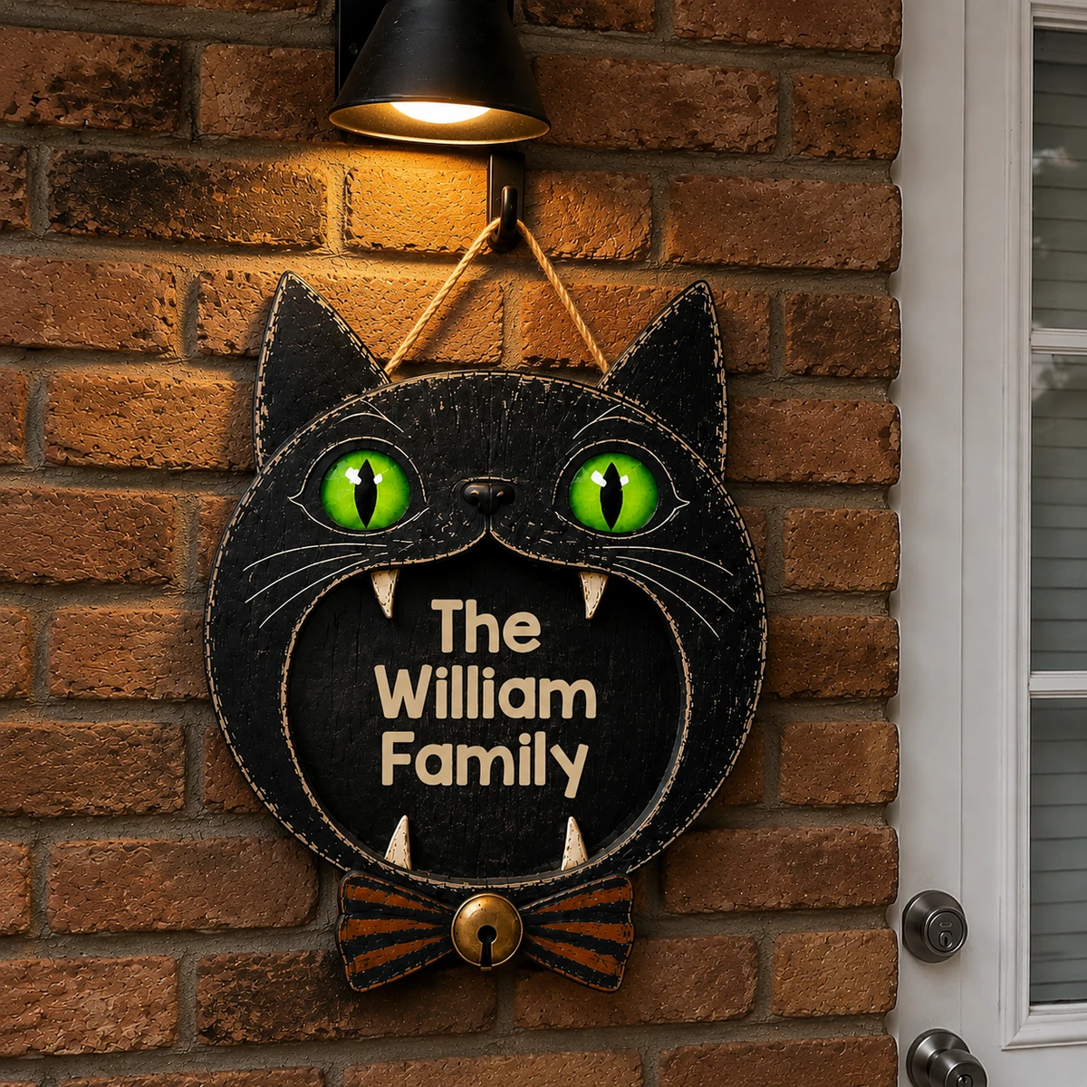 Custom Halloween Cat Door Sign Personalized Text, Black Cat Face Welcome Plaque With Green Eyes, Gothic Spooky Wall Hanging Decor, Front Door Halloween Gift