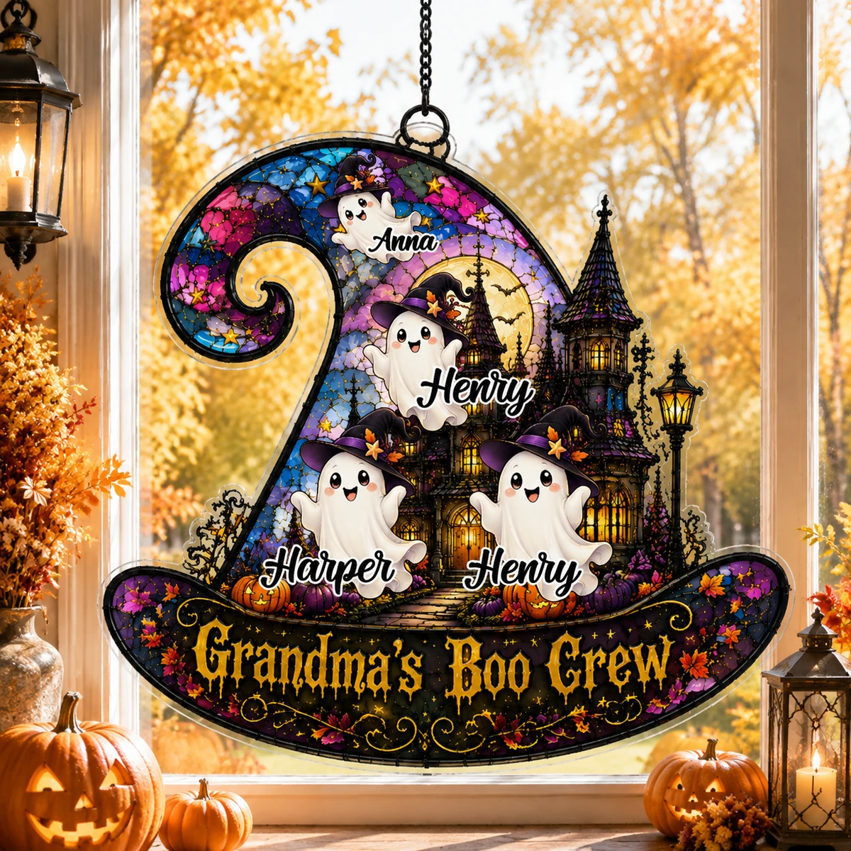 Personalized Grandma'S Boo Crew Witch Hat Ghost Suncatcher, Witchy Castle Suncatcher