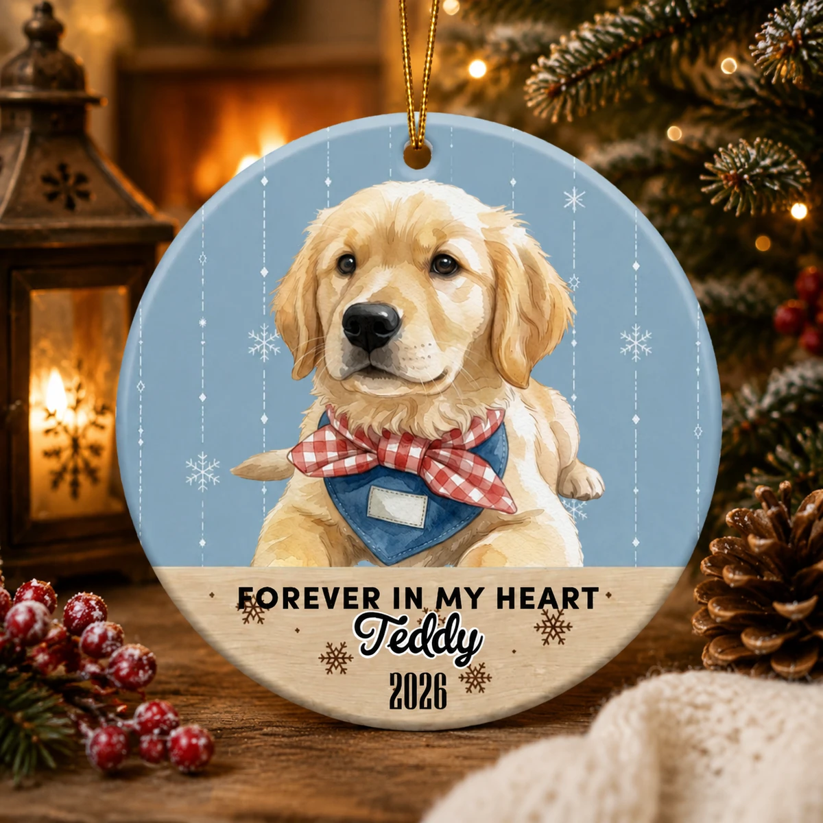 Personalized Ceramic Christmas Ornament Round Shape Custom Photo Pet Portrait Forever In My Heart Christmas Gift