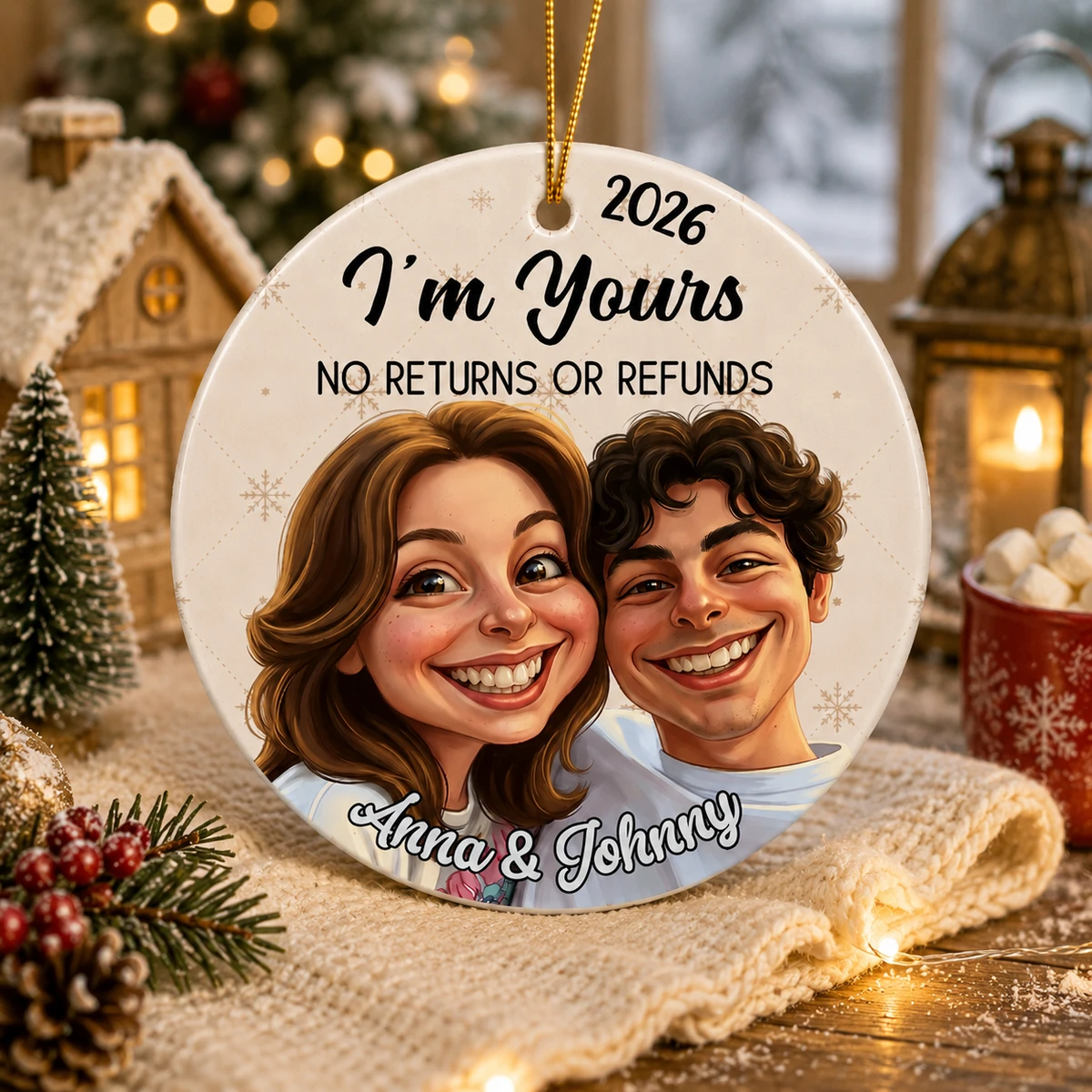 Personalized Ceramic Christmas Ornament Round Shape Custom Photo Couple Name Romantic Portrait Christmas Gift