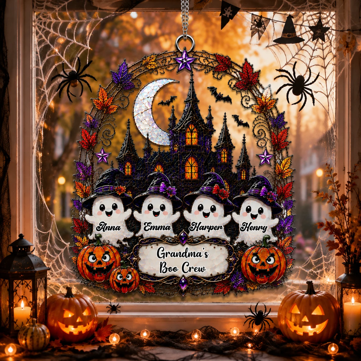 Personalized Grandma'S Boo Crew Stained Glass Window Hanging, Custom Ghost Decor Gift, Fall Suncatcher