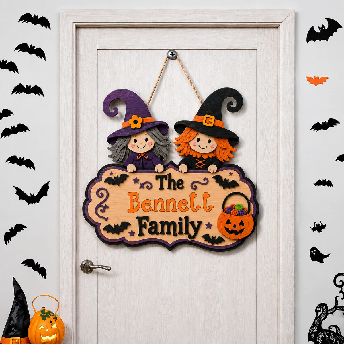 Personalized Witch Halloween Door Sign, Custom Family Name Wooden Welcome Plaque With Witch Hats, Bats & Pumpkin Candy Basket, Spooky Home Decor Gift