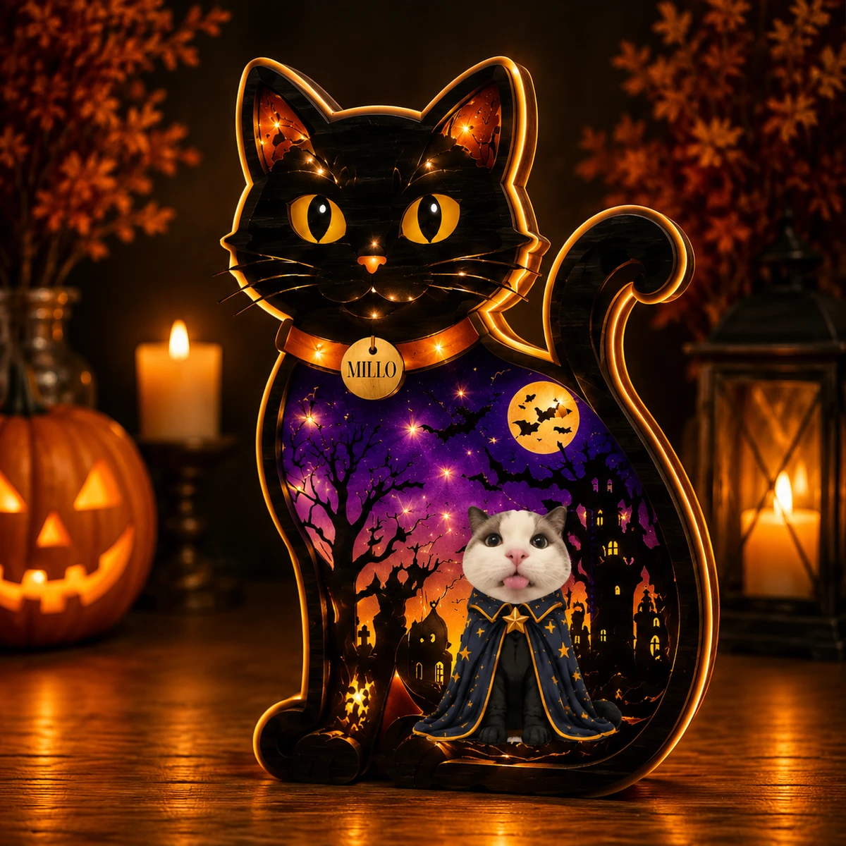 Personalized "Halloween Black Cat & Pet" Photo Led Acrylic Night Light