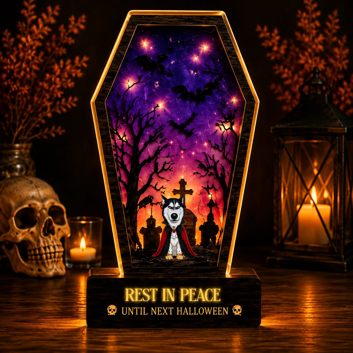 Personalized "Halloween Spooky Coffin" Pet Photo Led Acrylic Night Light