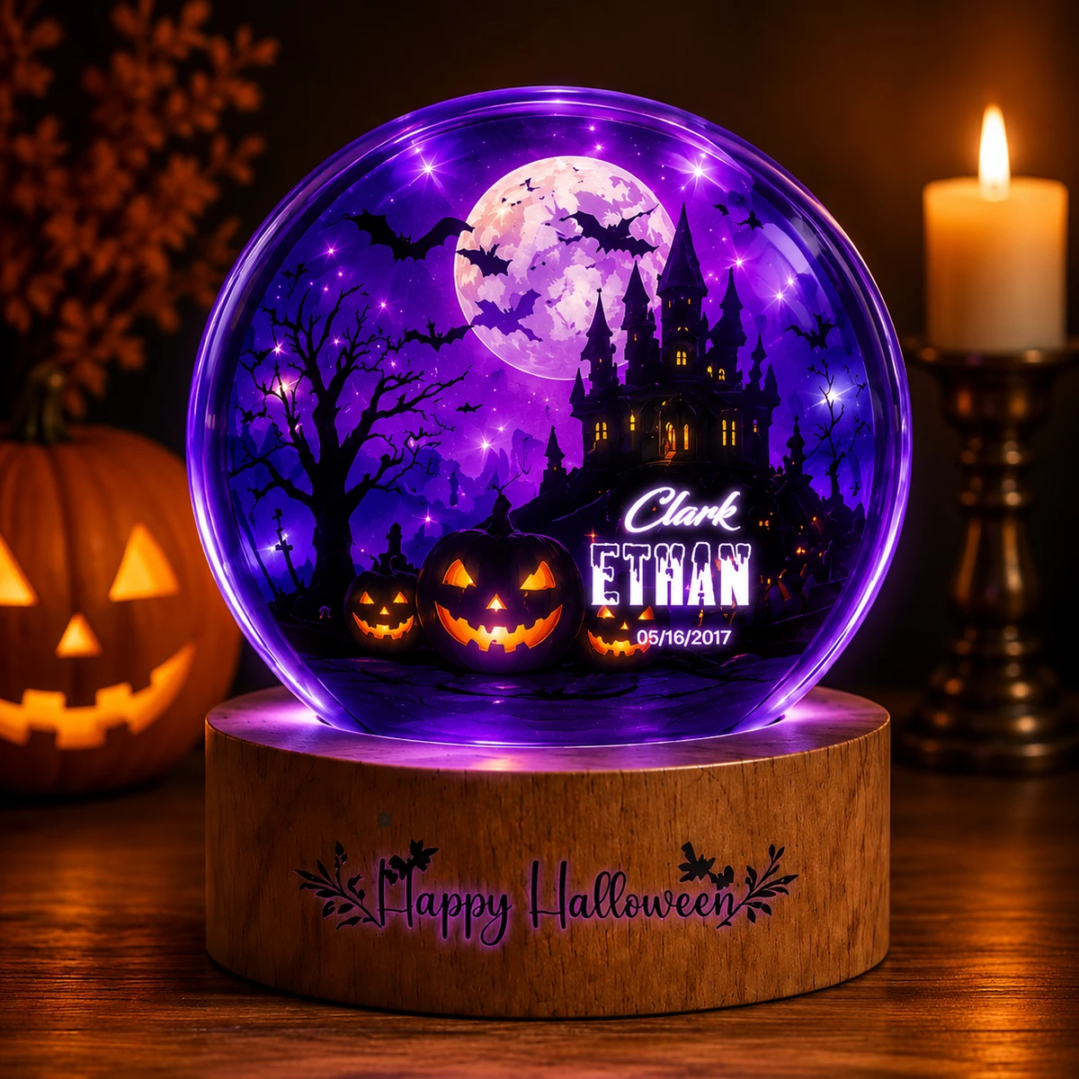 Personalized "Haunted Castle & Full Moon" Halloween Snow Globe Led Night Light