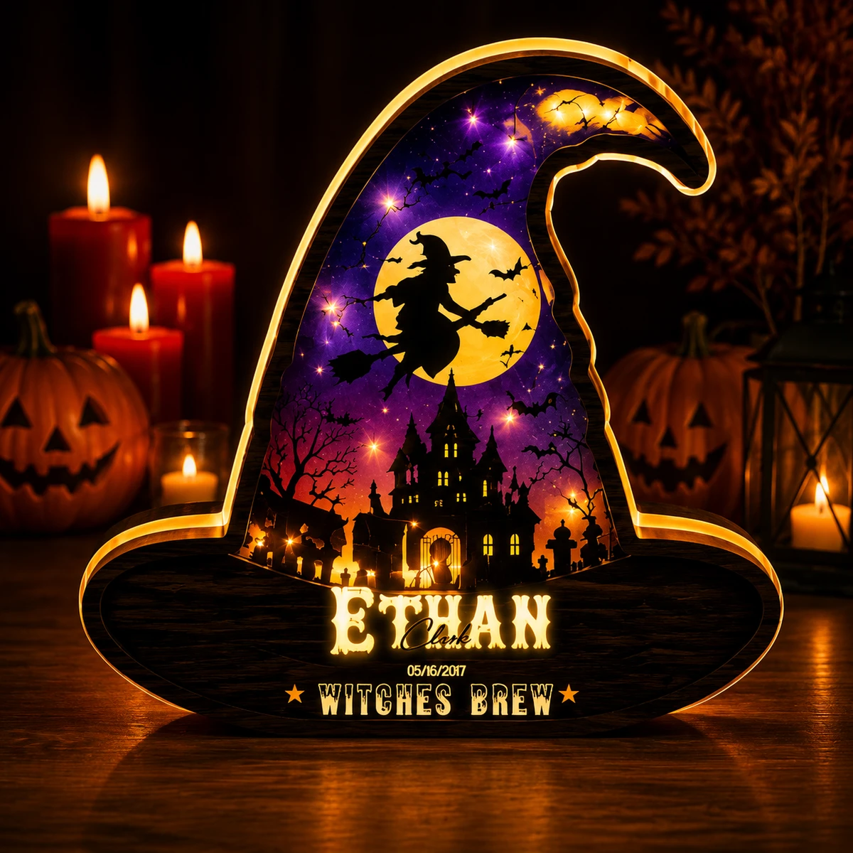 Personalized "Witches Brew" Halloween Witch Hat Led Acrylic Night Light