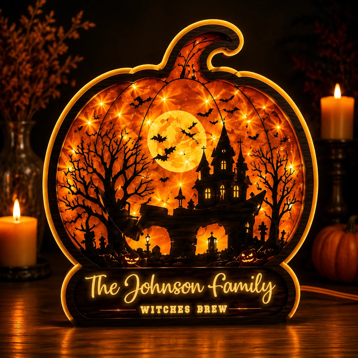 Personalized "Giant Pumpkin Haunted Castle" Halloween Led Acrylic Night Light