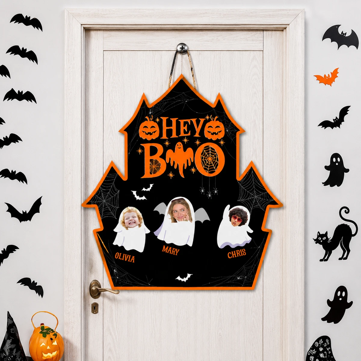 Personalized Halloween Door Sign Custom Photo Name, Hey Boo Ghost Family Welcome Sign, Spooky Bat Pumpkin Web Decor, Front Door Hanging Decoration, Halloween Gift