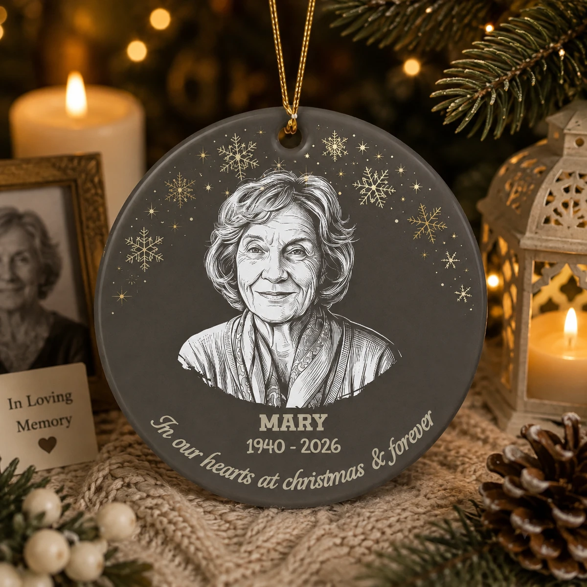 Personalized Ceramic Christmas Ornament Round Shape Custom Photo Memorial Portrait Name In Loving Memory Christmas Gift