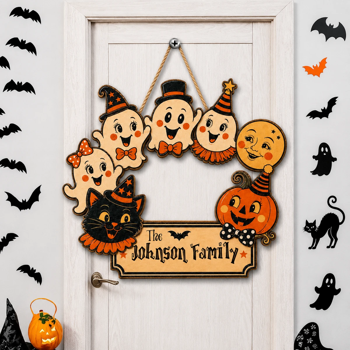 Halloween Family Door Sign Personalized Name, Adorable Ghosts Witch Cat Pumpkin Decoration, Rustic Haunted Welcome Plaque For Front Door & Wall, Halloween Gift
