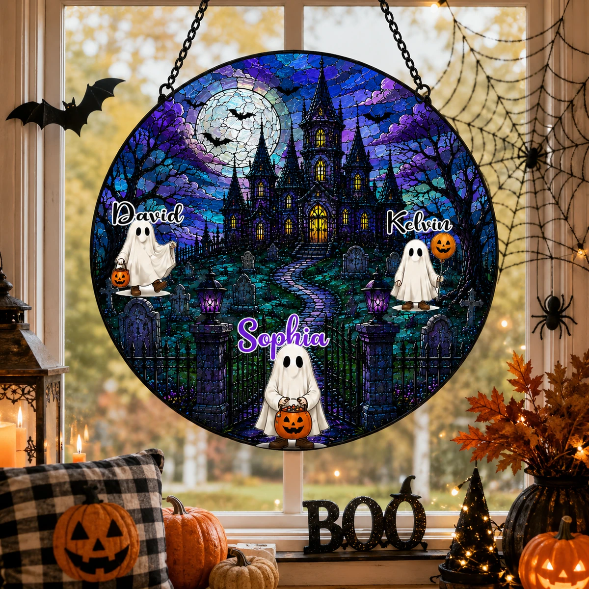 Personalized Ghost Family Stained Glass Suncatcher, Custom Halloween Window Hanging, Memorial Ghost Decor Gift For Family