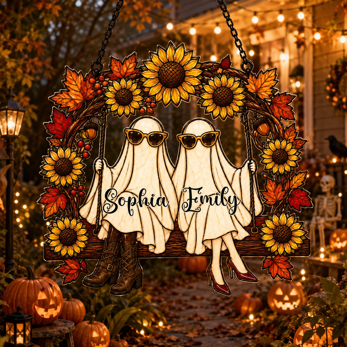 Personalized Ghost Friends Acrylic Suncatcher, Custom Bestie Halloween Window Hanging, Cute Spooky Autumn Sunflower Gift
