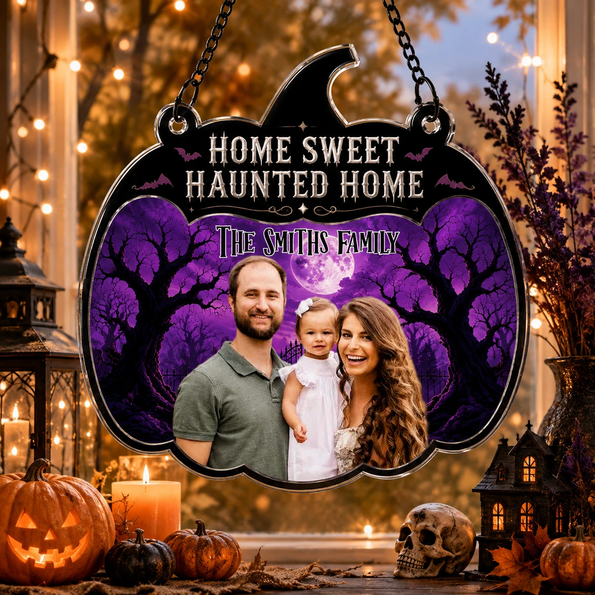 Personalized Family Photo Halloween Suncatcher, Custom "Home Sweet Haunted Home" Window Hanging, Spooky Family Gift