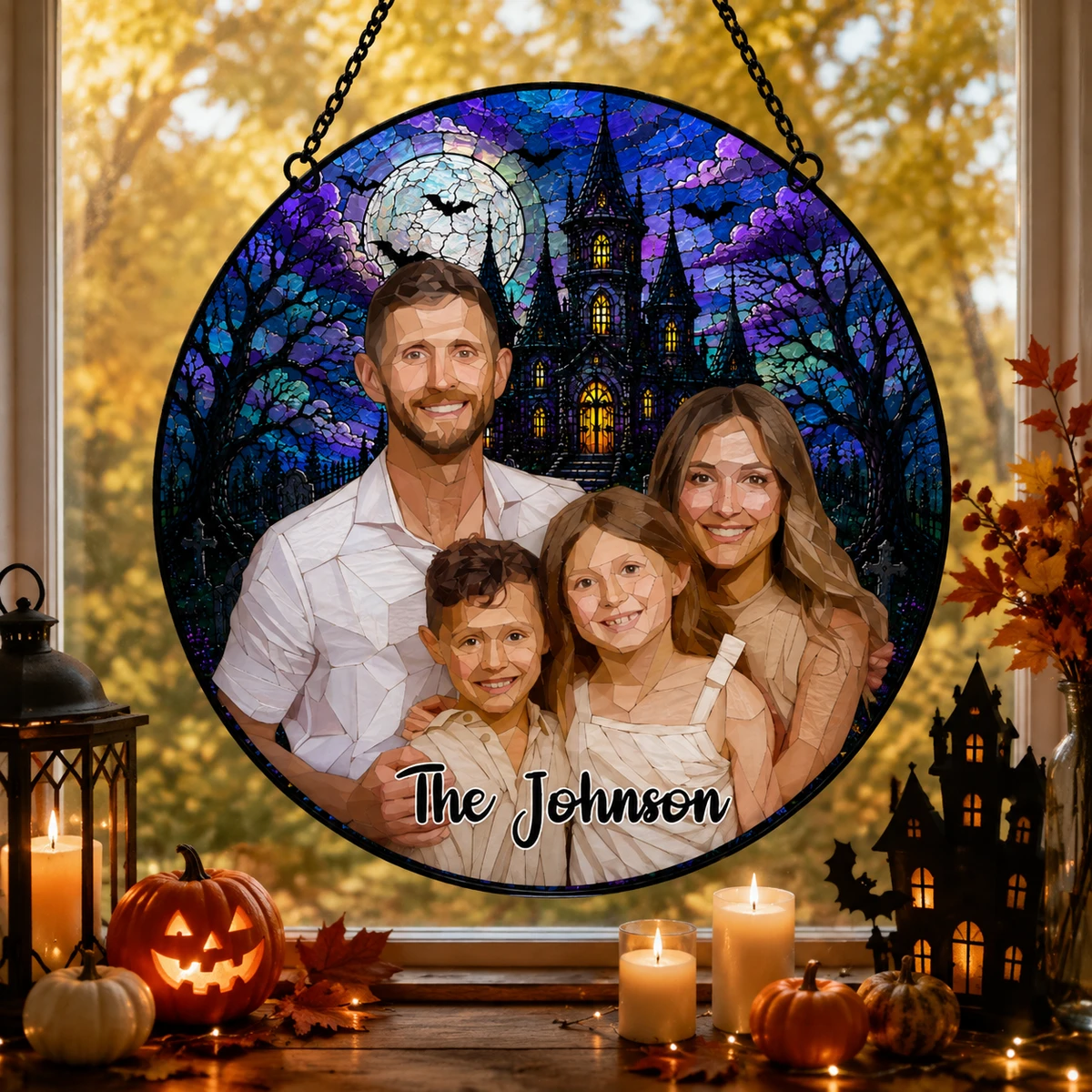 Personalized Family Photo Halloween Suncatcher, Custom "Home Sweet Haunted Home" Window Hanging, Spooky Family Gift