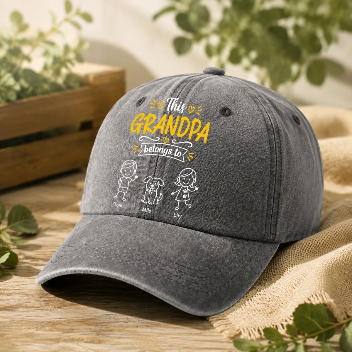 Washed Denim Baseball Cap With Stick-Figure Grandkids Art, Vintage Adjustable, Breathable - A Unique Gift For Grandpa