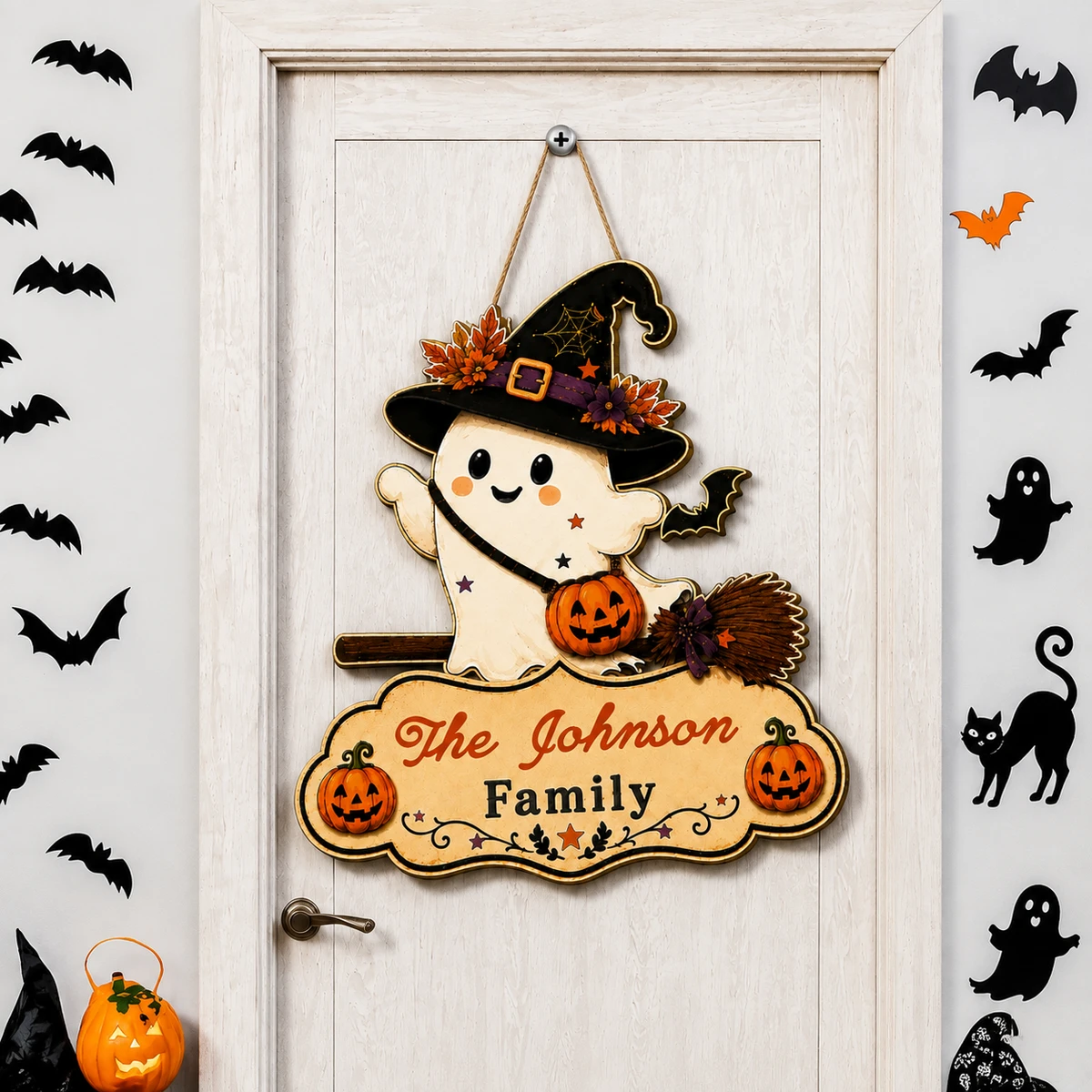 Custom Halloween Door Sign Personalized Family Name, Witch Ghost Welcome Plaque With Pumpkin, Broom & Bat Details, Front Door Wall Hanging Decor, Halloween Gift