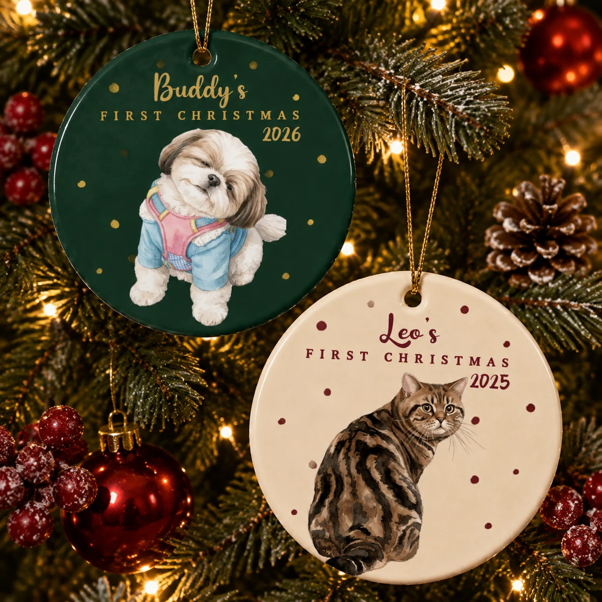 Personalized Ceramic Christmas Ornament Round Shape Pawfect First Christmas Custom Pet Portrait Christmas Gift