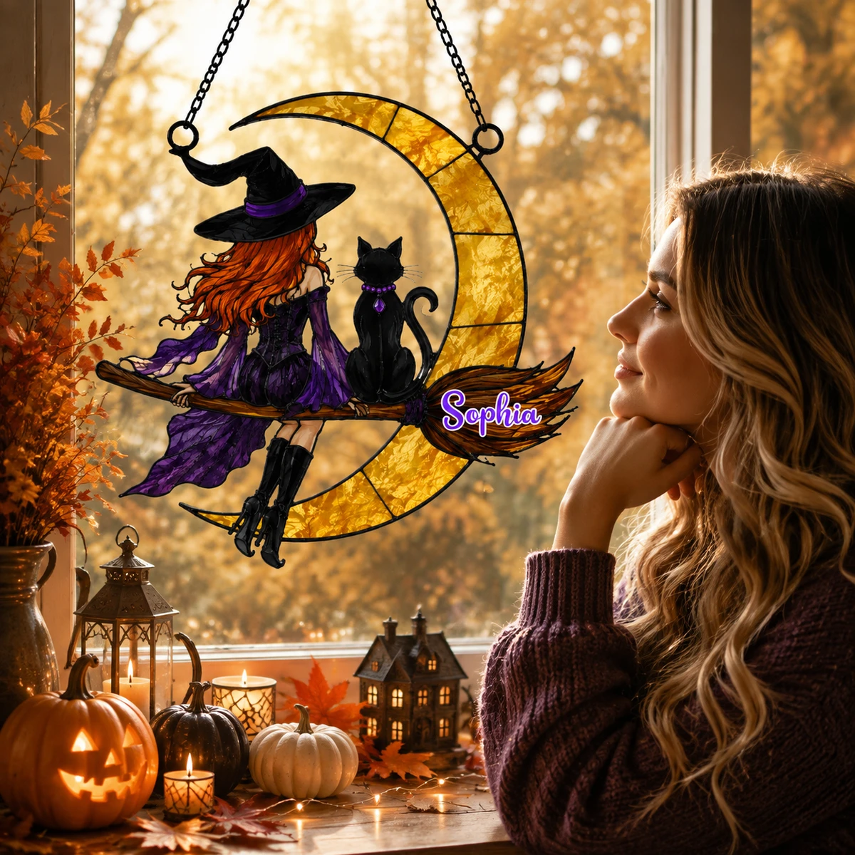 Personalized Stained Glass Witch Suncatcher, Custom Name Witch & Black Cat Window Hanging, Spooky Halloween Home Decor Gift