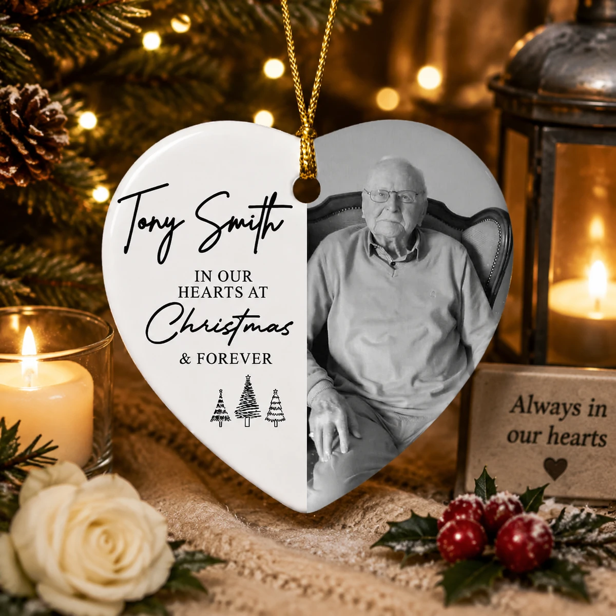 Personalized Ceramic Christmas Ornament Heart Shape Custom Photo Memorial In Loving Memory Christmas Gift