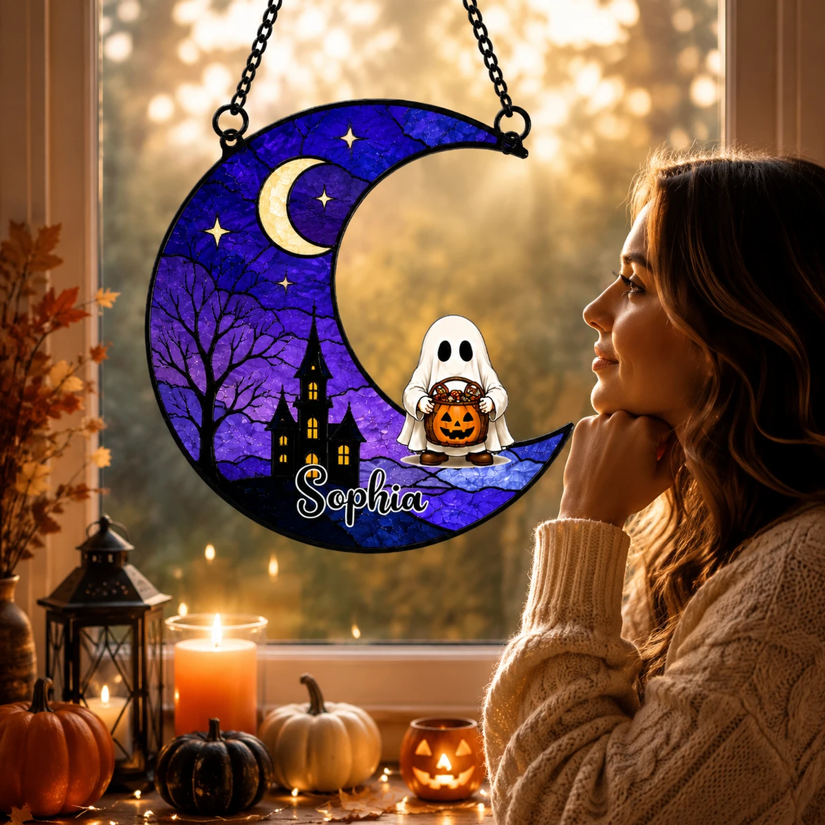 Personalized Alone Ghost Crescent Moon Suncatcher, Custom Stained Glass Window Hanging, Spooky Cute Name Decor Gift