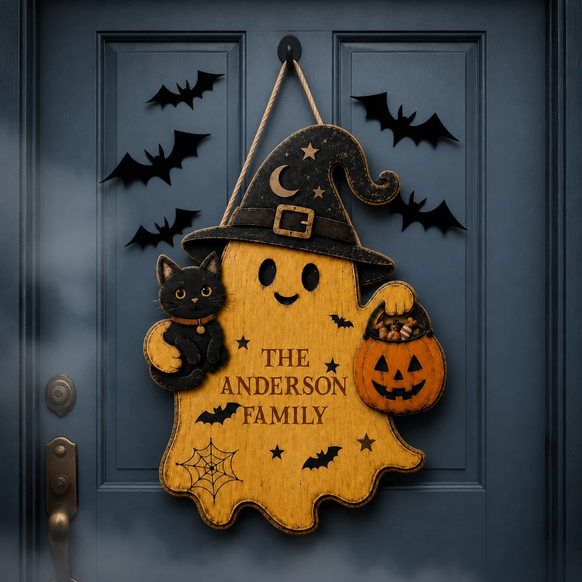 Personalized Ghost Halloween Door Hanger, Custom Family Name Wooden Sign With Witch Hat, Black Cat, Pumpkin & Spider Web Design, Cute Halloween Home Decor