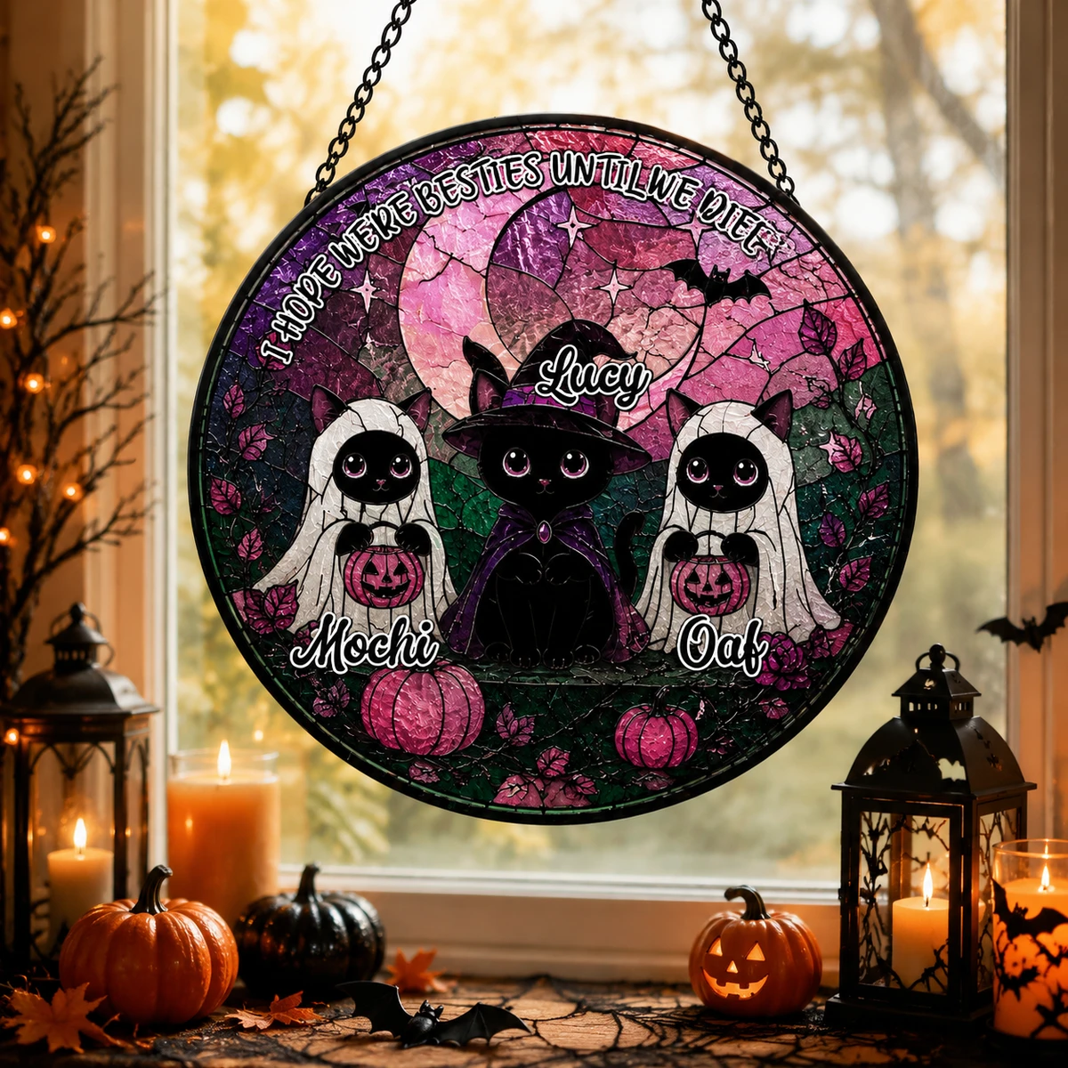 Personalized Cat Halloween Stained Glass Suncatcher, Custom 3 Cats Window Hanging, Spooky Bestie Cat Lover Decor Gift