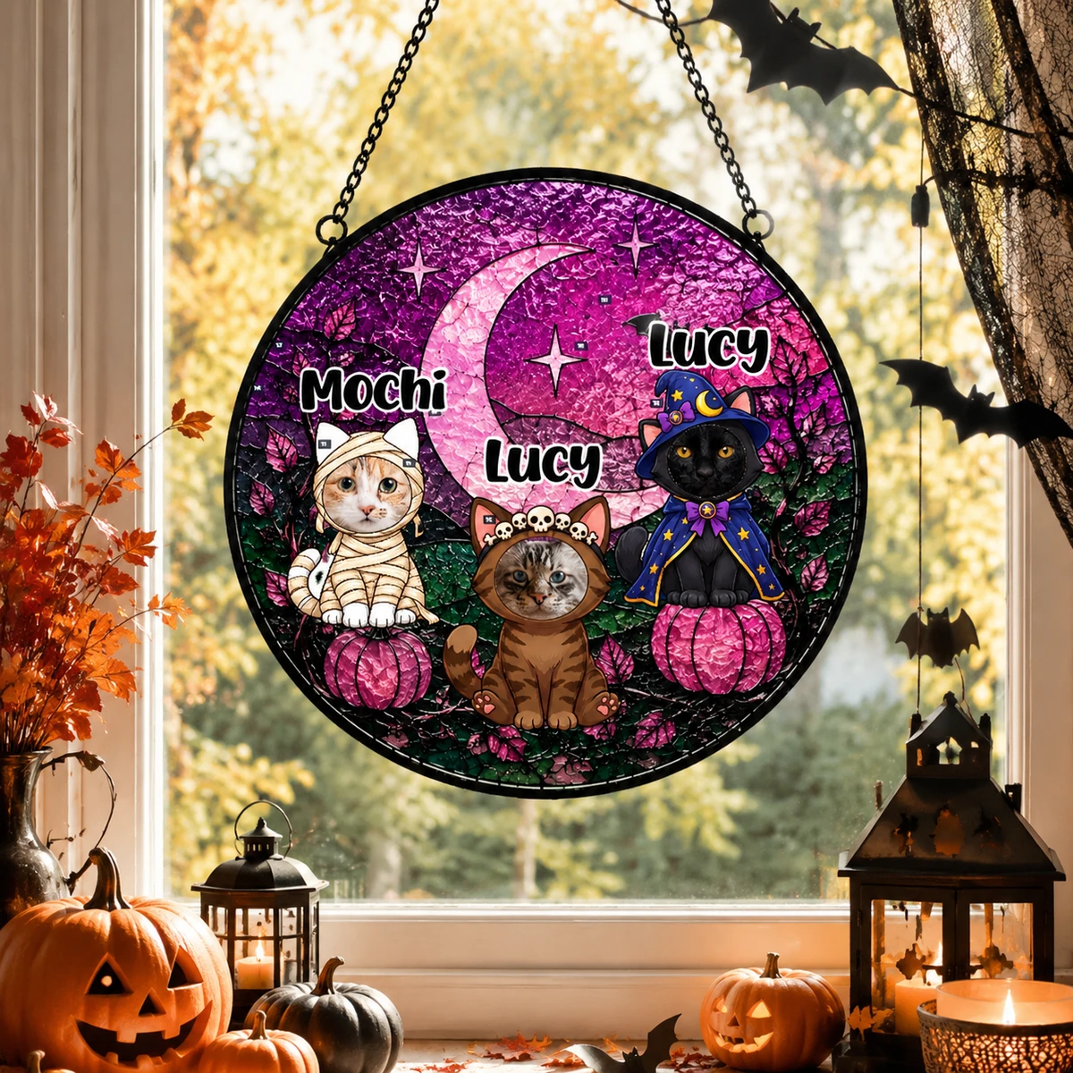 Personalized Ghost Cat Stained Glass Suncatcher, Custom Halloween Window Hanging, Spooky Cute Cat Lover Decor Gift