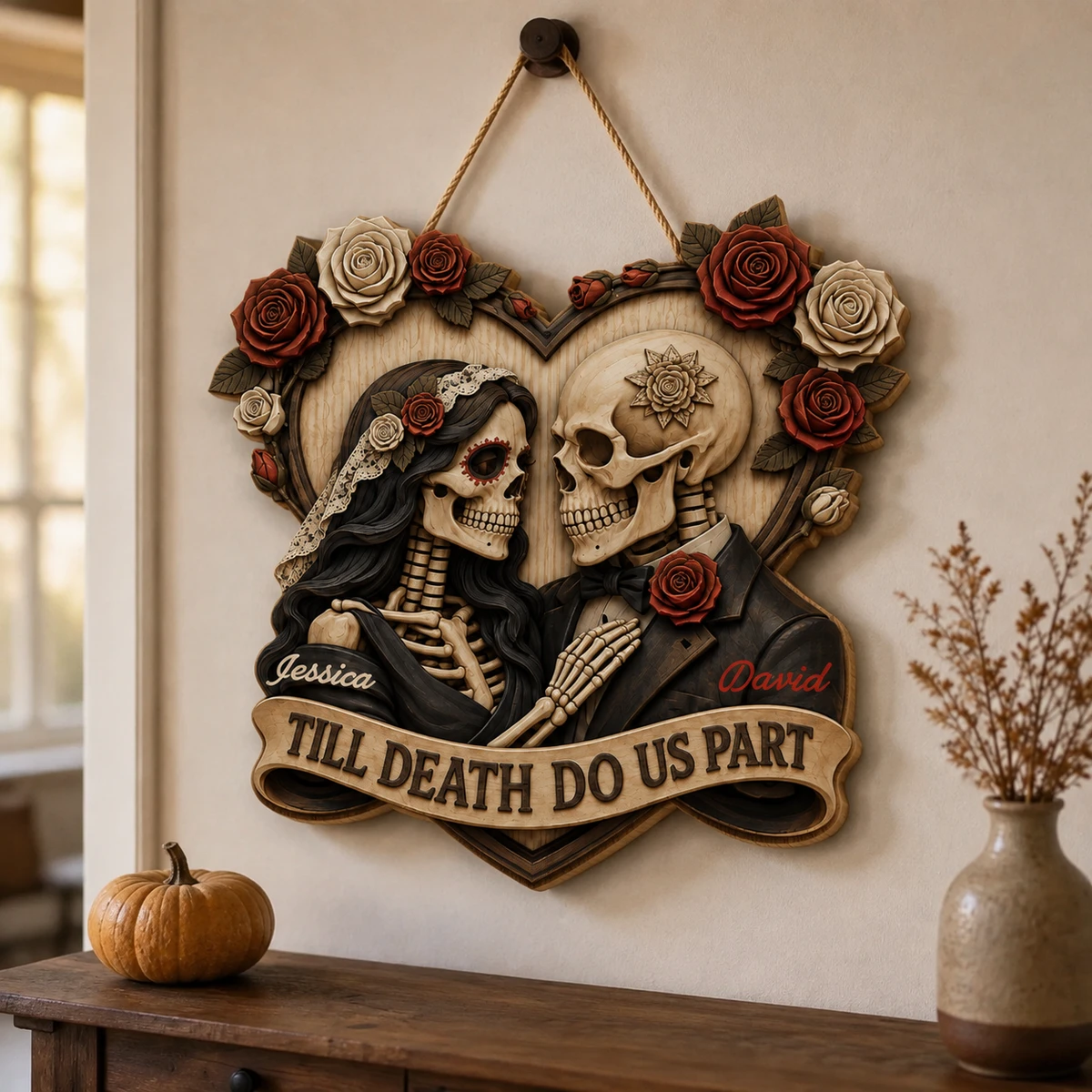 Personalized Halloween Door Sign Custom Names, Till Death Do Us Part Skeleton Couple Wedding Decor, Gothic Skull Rose Heart Wall Hanging, Romantic Spooky Front Door Decoration, Halloween Gift